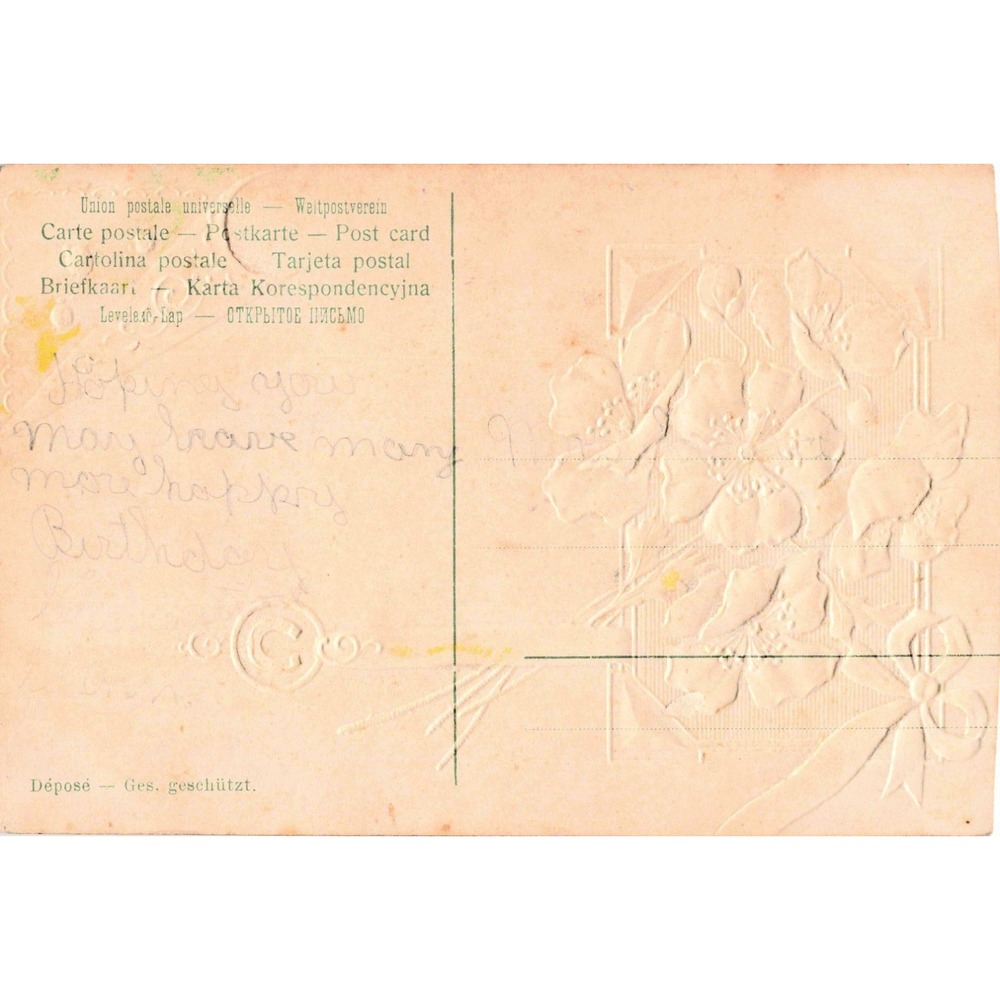 Vintage Embossed Birthday Greeting Postcard Pink Flowers Horseshoe Glitter VG - Picture 2 of 2